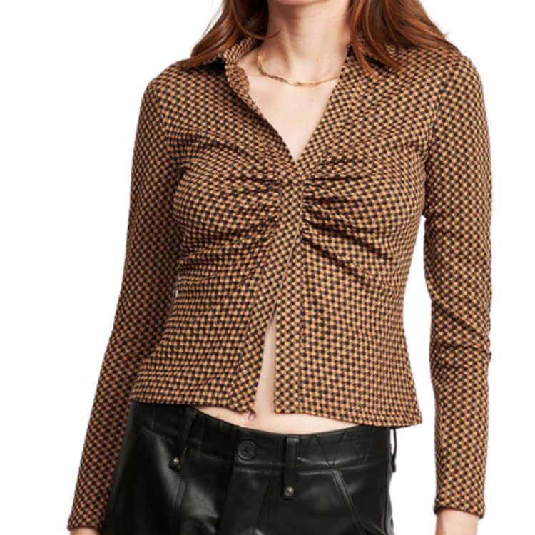 Black Brown Check Button Up Ruched Top