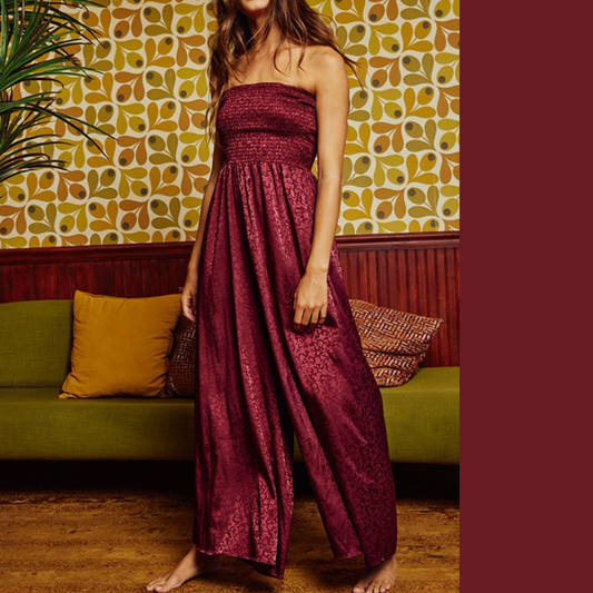 Burgandy Satin Smocked Sleeveless Floral Embossed Wide Leg Jumpsuit