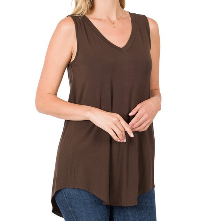 Chocolate Brown Rayon V-Neck Hi-Low Sleeveless Top