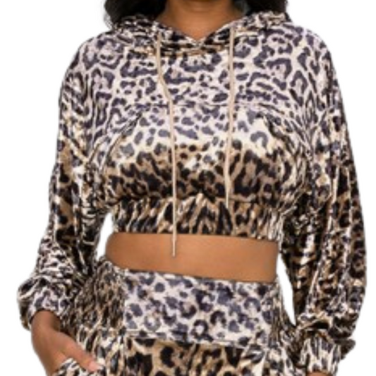 Brown Black Leopard Print Velvet Cropped Hoodie Top