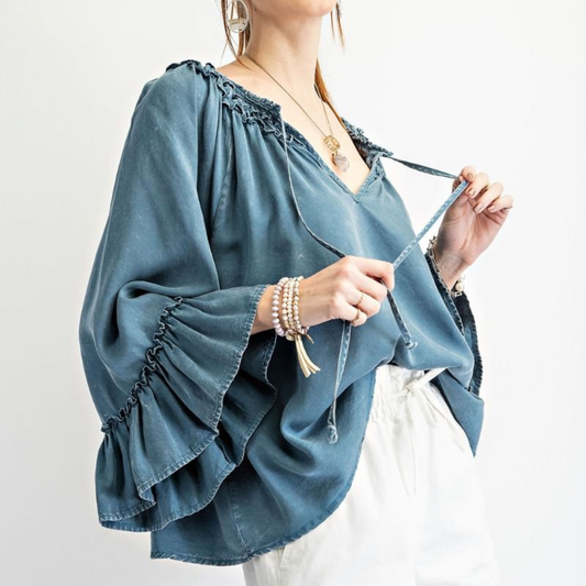 Blue Mineral Washed Loose Fit Ruffled Wing Sleeve Top