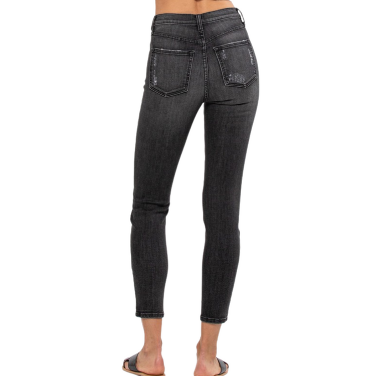 High Rise Skinny Black Wash Denim Jeans with Hip and Pocket Distressing