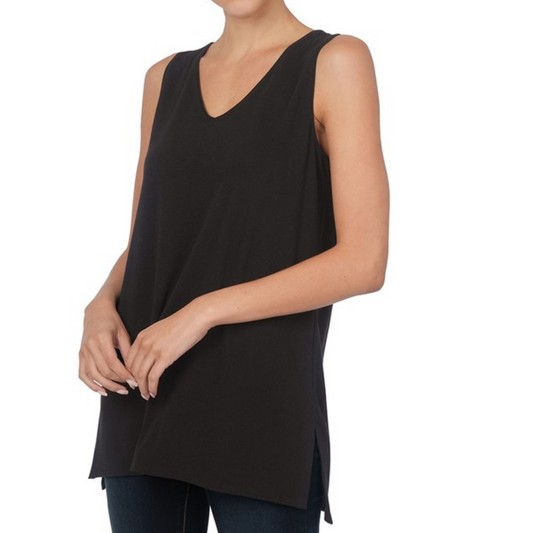 Black Sleeveless V-Neck Hi-Low Top with Side Slits