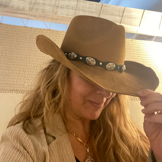 Brown Faux Suede Cowgirl Western Hat with Thin Concho Band