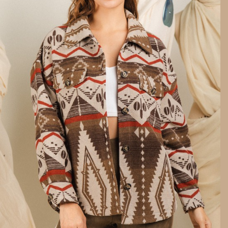 Aztec Mocha Brown Button Down Shirt Shacket