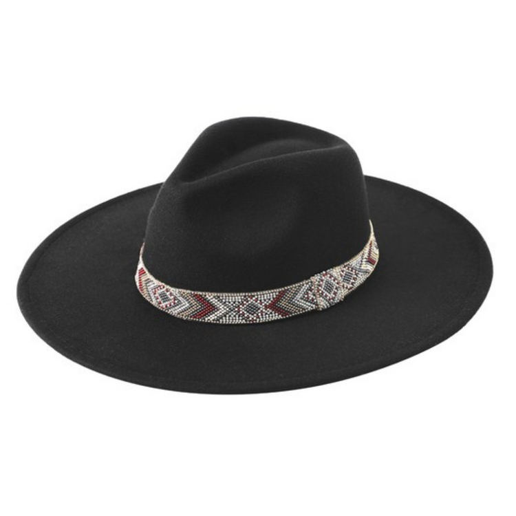 Felt Fedora Hat with Boho Geo Beaded Hatband with Diamond Bling Accents