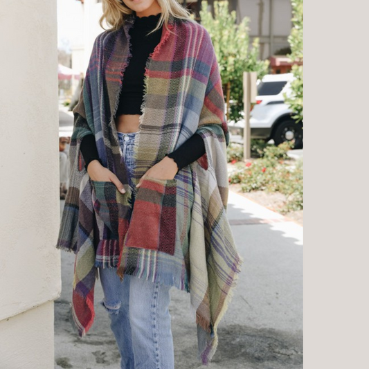 Multi-Colored Fuchsia Plaid Thin Sweater Kimono Pancho