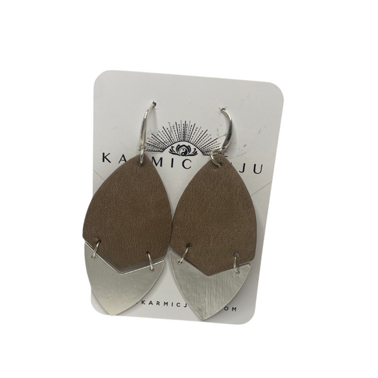 Taupe Faux Leather Large Drop Pointed Oval Earrings with Bottom Silver Accent