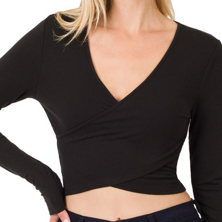 Black Long Sleeve Twist Front Crop Top