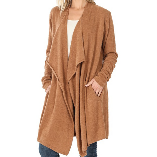 Camel Brown Ultra Soft Draped Open Front Cardigan Sweater