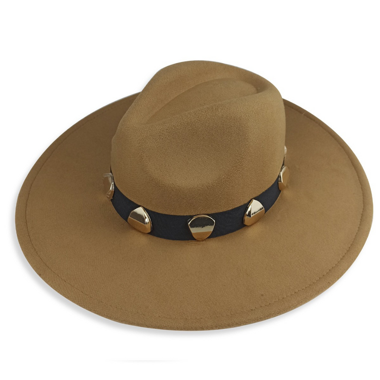 Felt Camel Fedora Hat with Black Hatband with Gold Stones