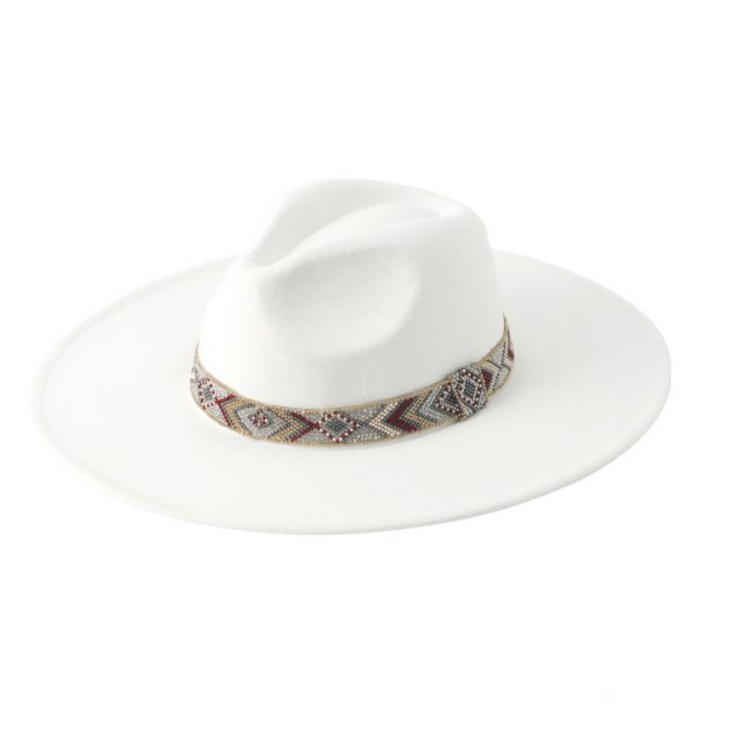 Felt Fedora Hat with Boho Geo Beaded Hatband with Diamond Bling Accents