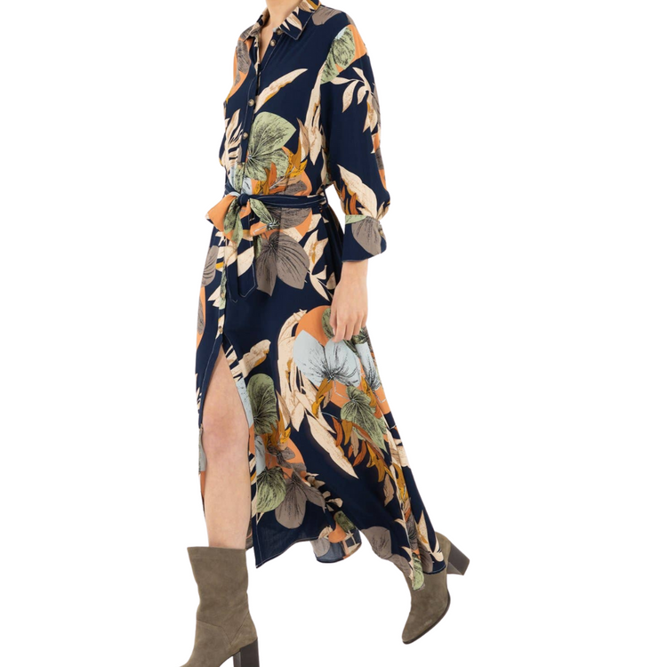 Abstract Black Long Wrap Dress with Large Abstract Floral