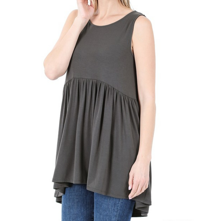 Charcoal Gray Sleeveless Babydoll High Low Top