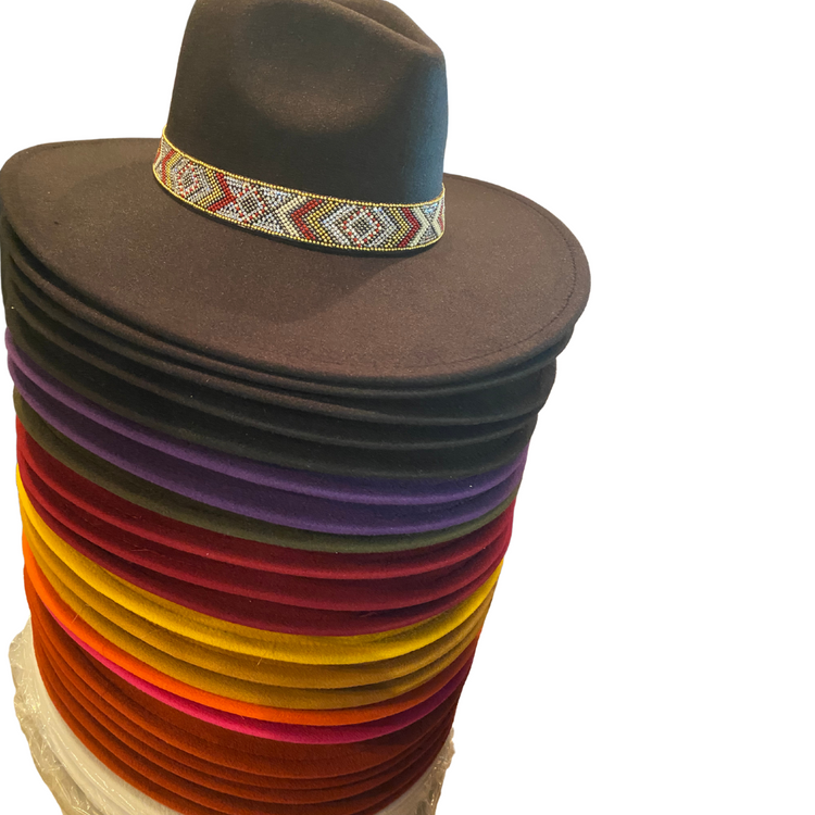 Felt Fedora Hat with Boho Geo Beaded Hatband with Diamond Bling Accents