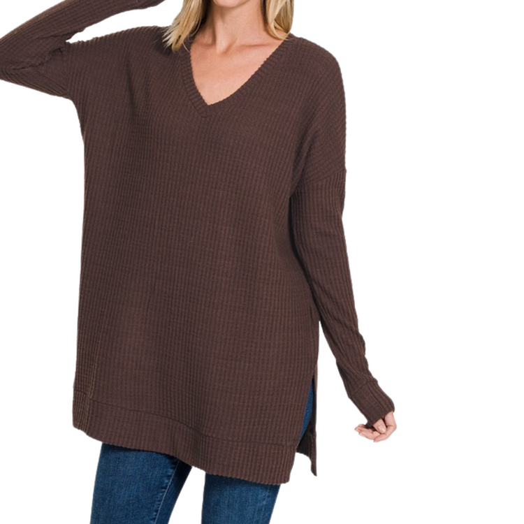 Brown Long Sleeve V-Neck Brushed Waffle Top