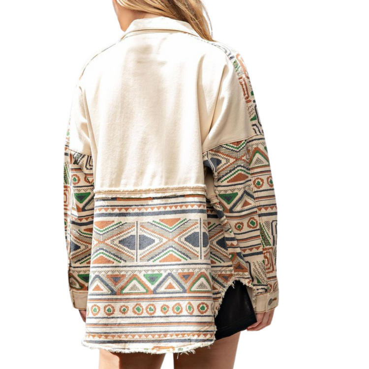 Cream and Tribal Printed Block Print Twill Shaket with Pockets