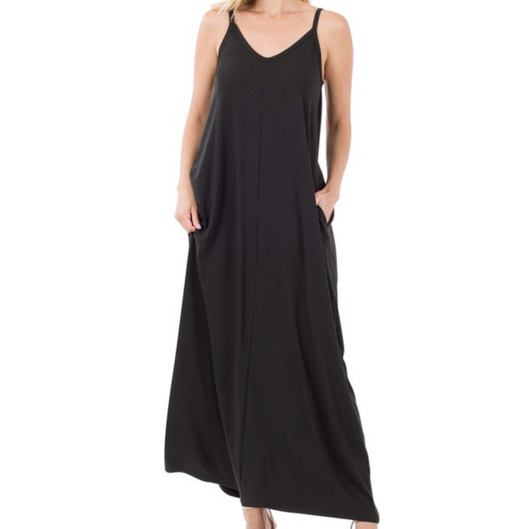 Black Adjustable Strap V-Neck Maxi Dress with Pockets