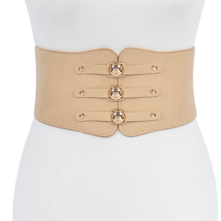 Three Buckle Corset Stretch Belt with Gold Detail