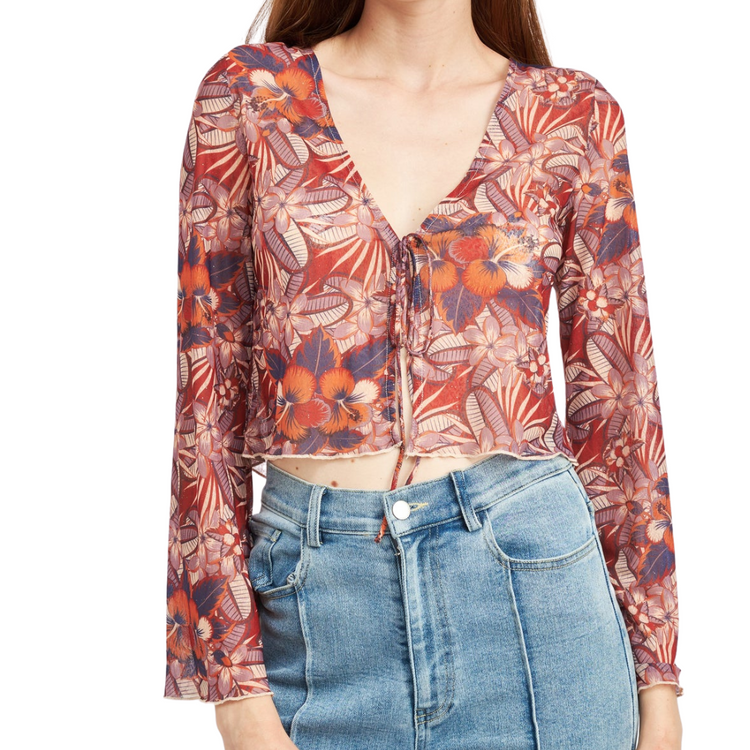Rust Floral Lily Long Sleeve Crop Front Tie Top
