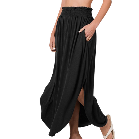 Black Smocked Elastic Waist Maxi Skirt w Side Slits and Side Pockets