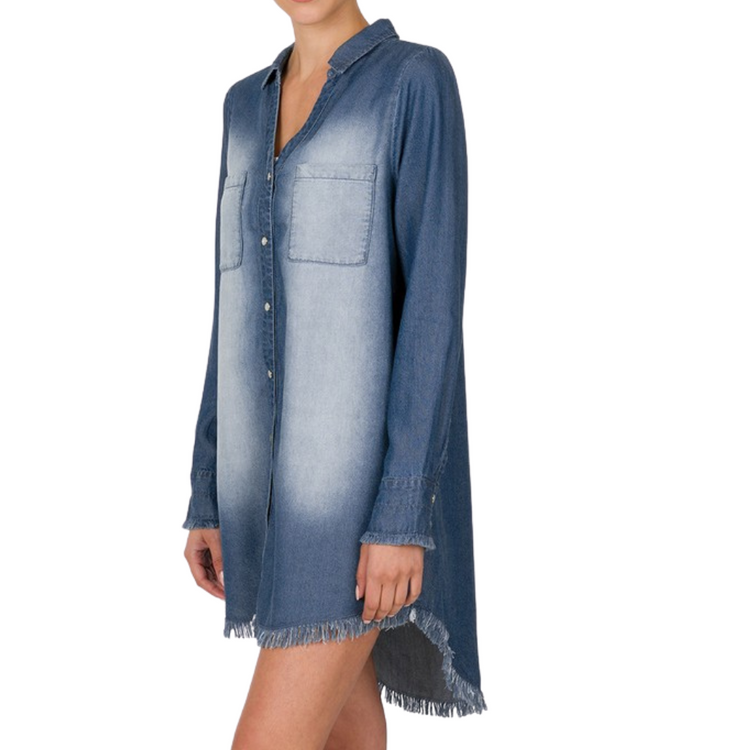 Dark Denim Chambray Long-sleeve Frayed Edge Shirt Dress