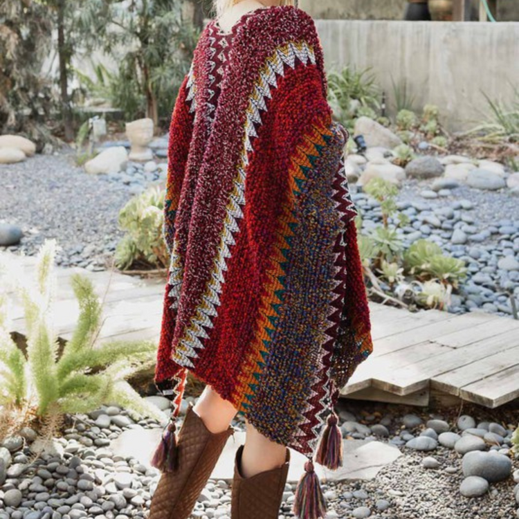 Chunky Nubby Burgandy Multi-Colored Vertical Striped Sweater Kimono Pancho