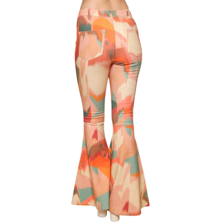 Teal Peach Cream Brown Abstract Bell Bottom Pant Jeans