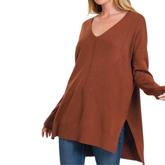 Rust Long Sleeve V-Neck Hi-Low Sweater