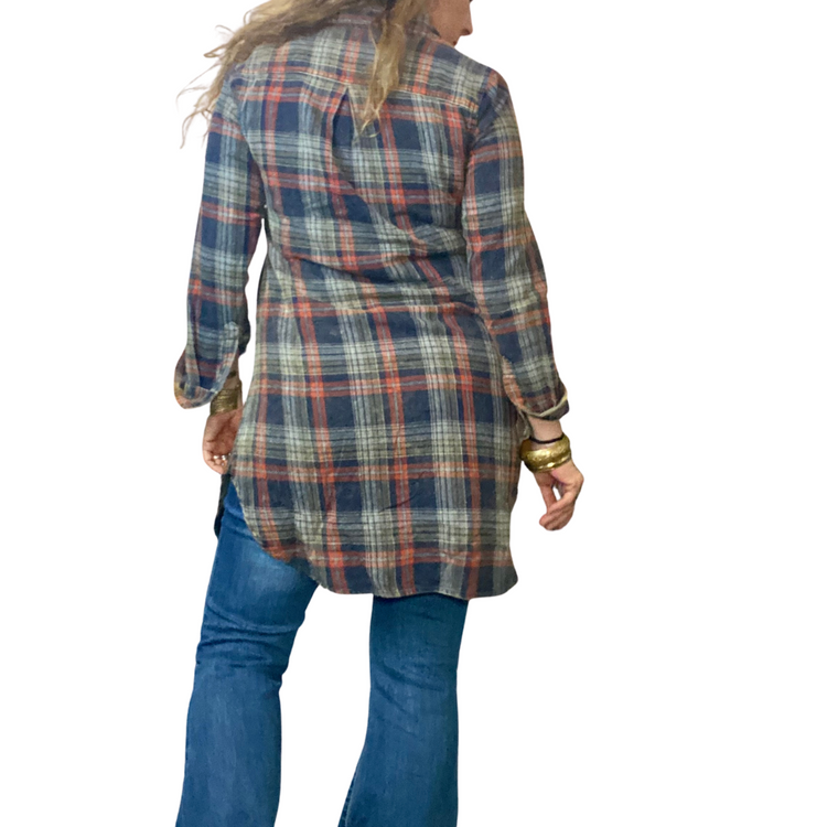 Sexy Navy Gray Rust Plaid Flannel Shirt Dress