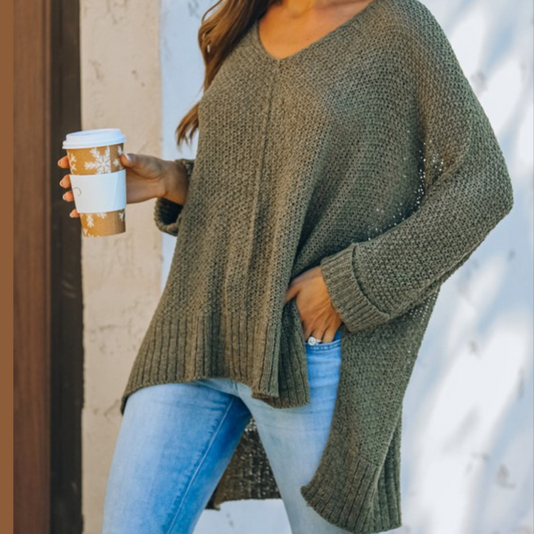 Moss Green High-Low V-Neck Pullover Sweater