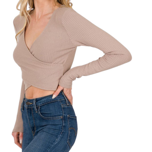 Light Mocha Long Sleeve Wrap Front Ribbed Crop Top