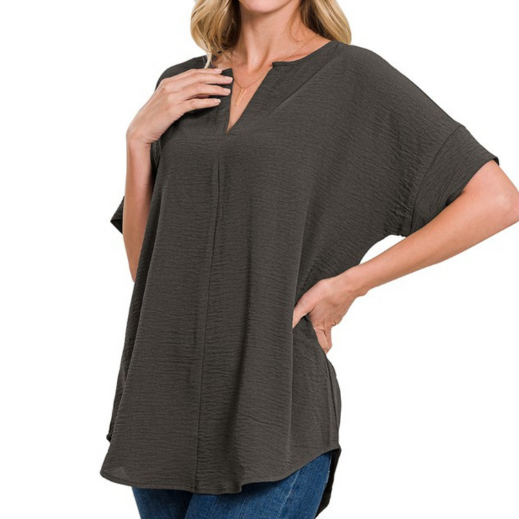 Charcoal Gray V-Neck Loose-fit Short Sleeve Top