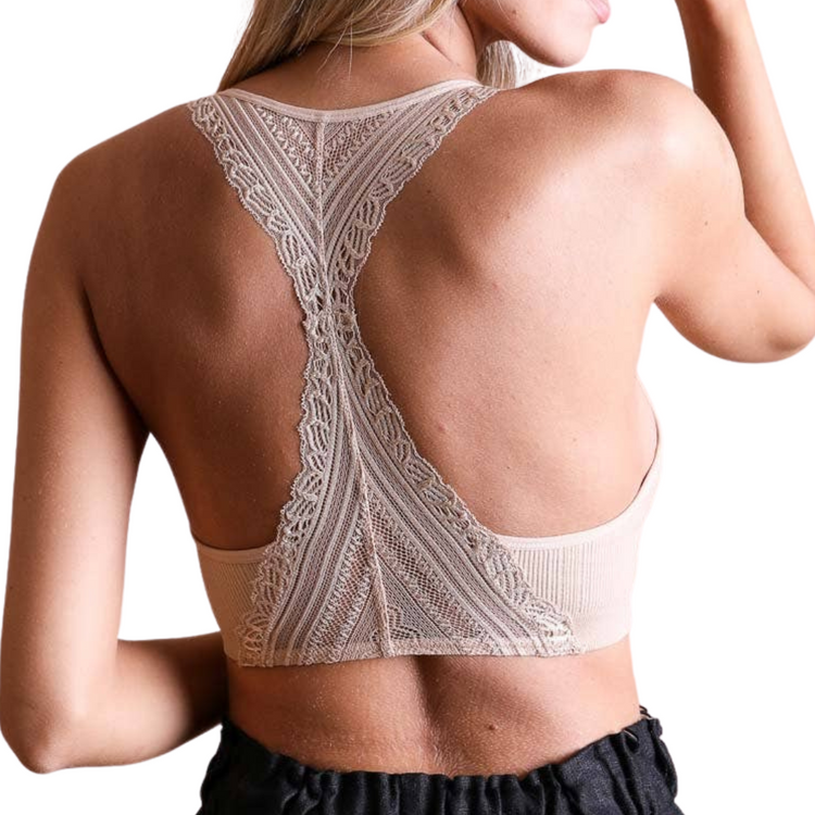 Beige Lace Trim and Lace Racerback Seamless Bralette