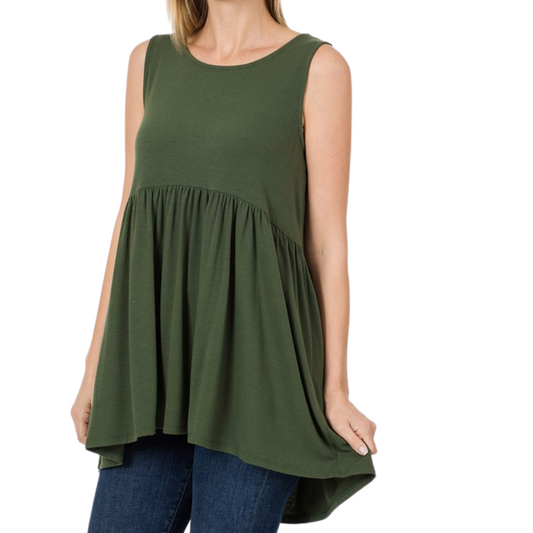 Army Green Sleeveless Babydoll High Low Top