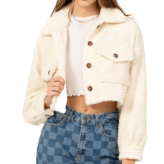 Cream Cropped Teddy Bear Jacket