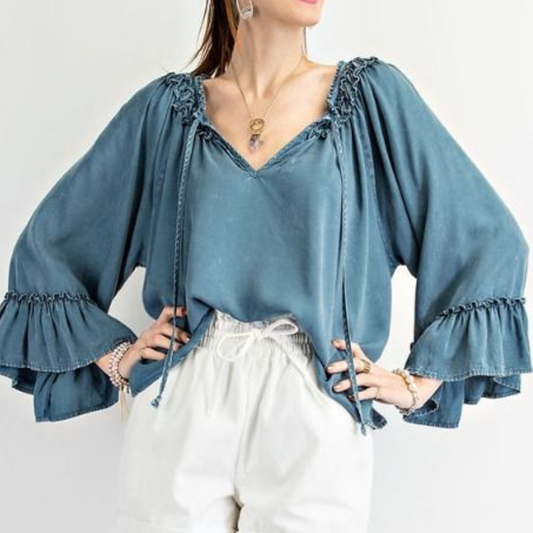 Blue Mineral Washed Loose Fit Ruffled Wing Sleeve Top