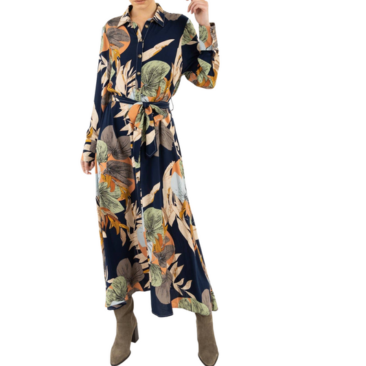 Abstract Black Long Wrap Dress with Large Abstract Floral