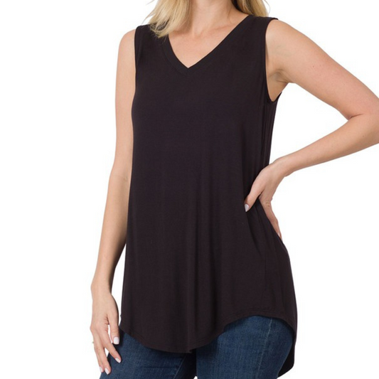 Black Rayon V-Neck Hi-Low Sleeveless Top