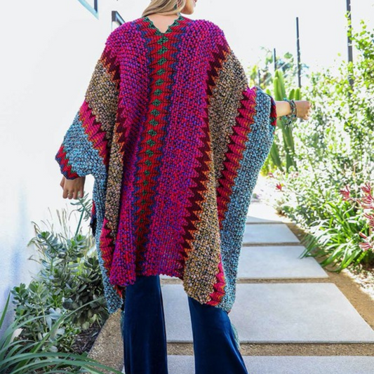 Fuchsia Yellow Teal  Multi-Colored Vertical Striped Sweater Kimono Pancho