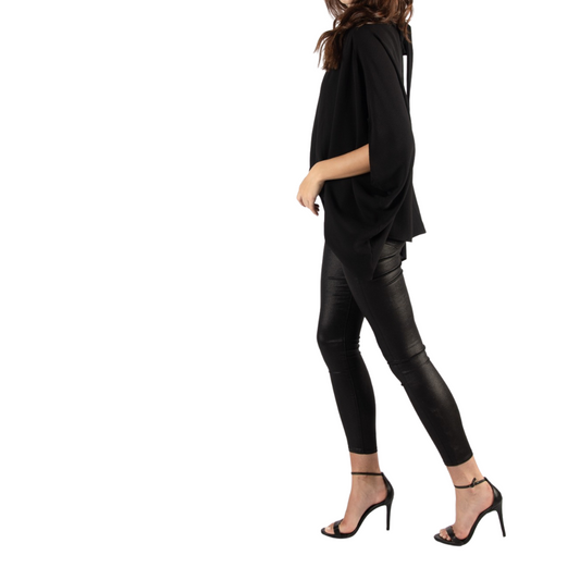 Loose Black Crepe High Low Mock Neck Top with Back Keyhole Tie at Neck