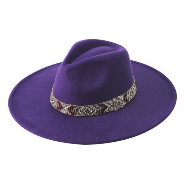 Felt Fedora Hat with Boho Geo Beaded Hatband with Diamond Bling Accents