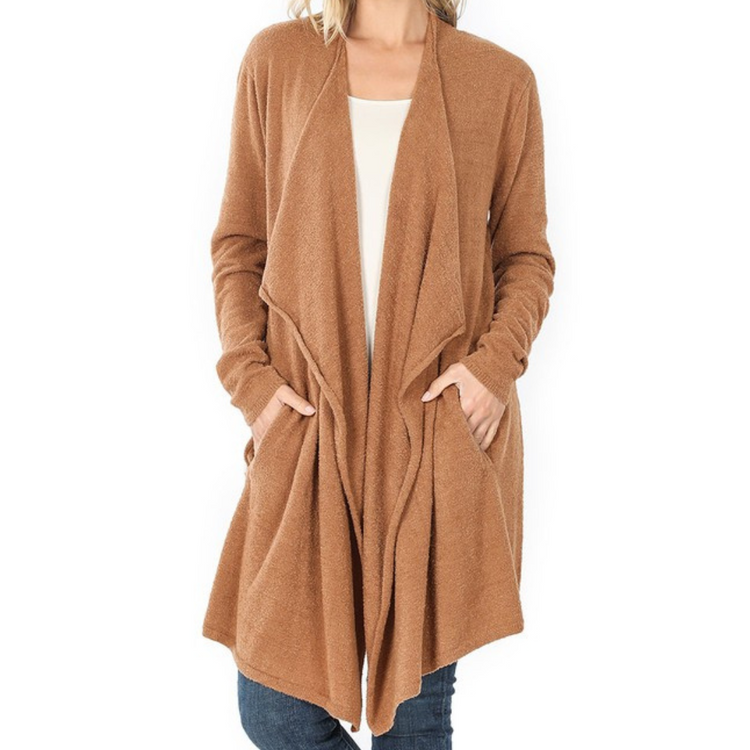 Camel Brown Ultra Soft Draped Open Front Cardigan Sweater