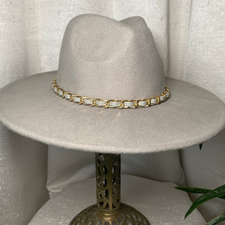 Felt Gray Fedora Hat with Gold and Gray Chain Hatband