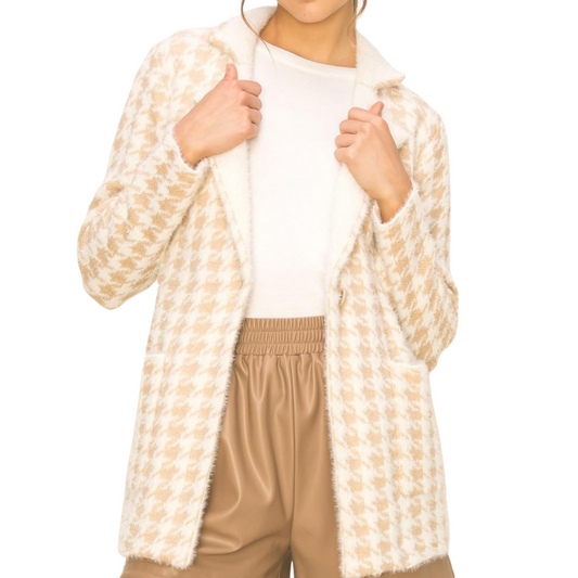 Whip Cream / Sand Soft Houndstooth Single Button Sweater Blazer Jacket