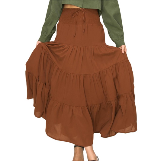 Brown Smocked Waisted Long Tiered Boho Maxi Skirt