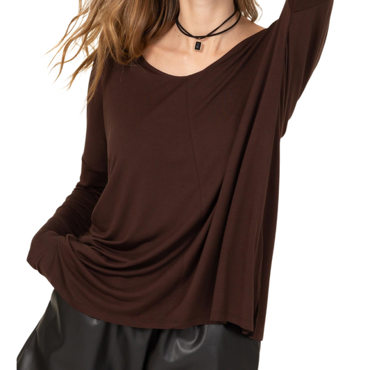 Dark Brown Over Sized Long Sleeve V-Neck Tee Shirt Top