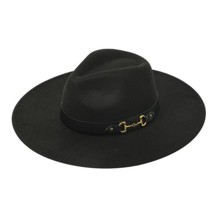 Felt Fedora Hat with Black Hat Band with Gold Horse Bit Detail