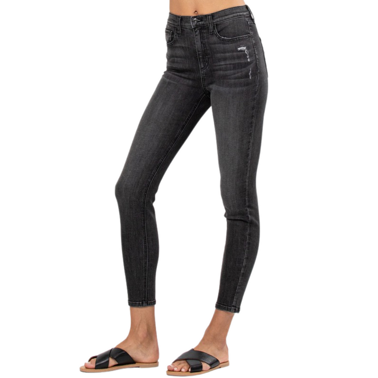 High Rise Skinny Black Wash Denim Jeans with Hip and Pocket Distressing