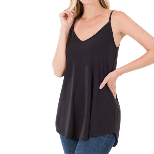 Black Spaghetti Strap Reversible Scoop/ V-Neck Loose Cami Top